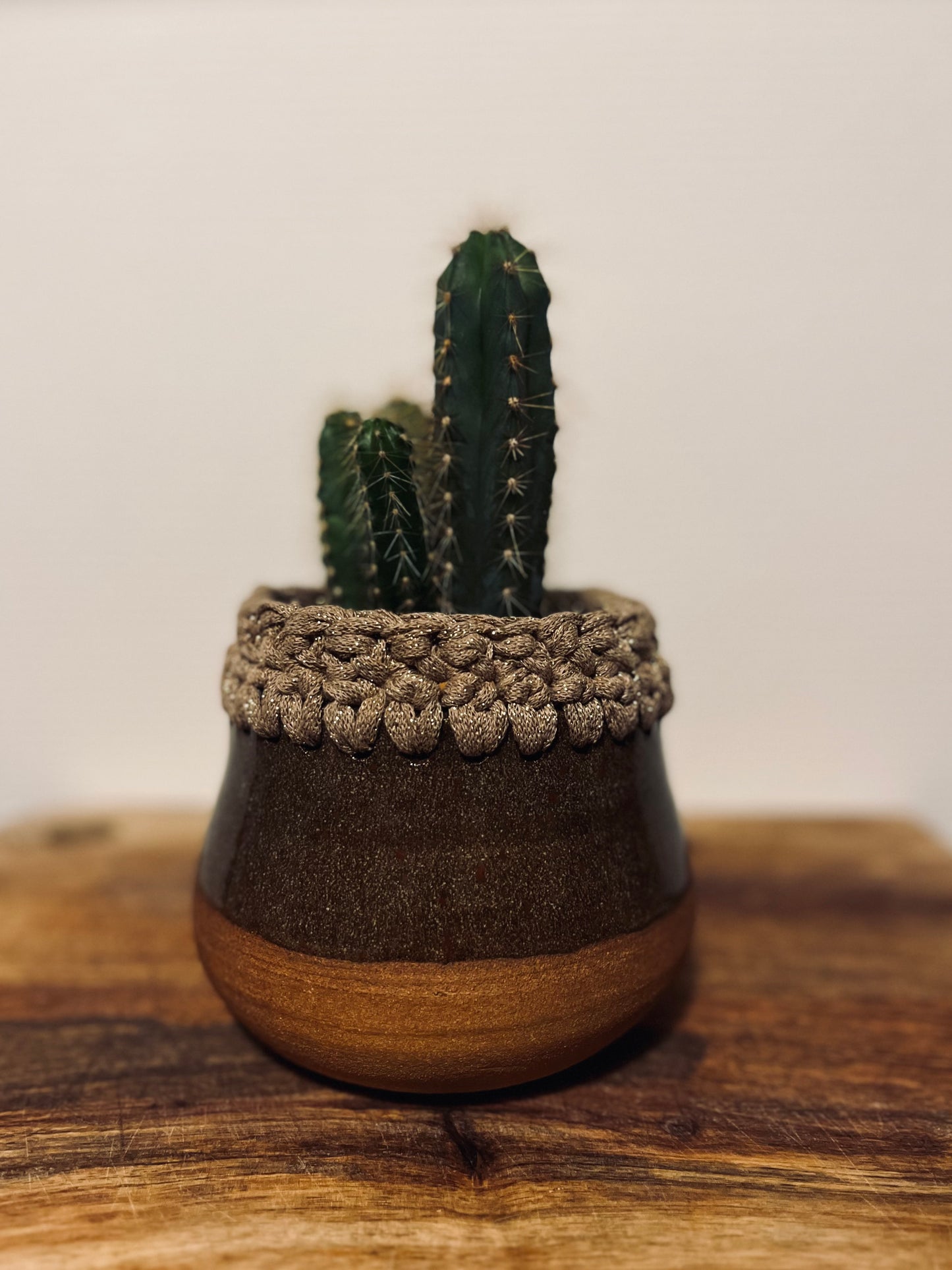 Pot en grès émail kaki avec bordure crochetée camel/fil lurex or ø14cm