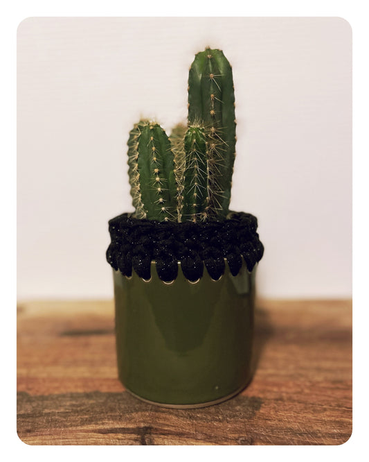 Pot en grès émail kaki avec bordure crochetée noir/fil lurex noir ø10cm